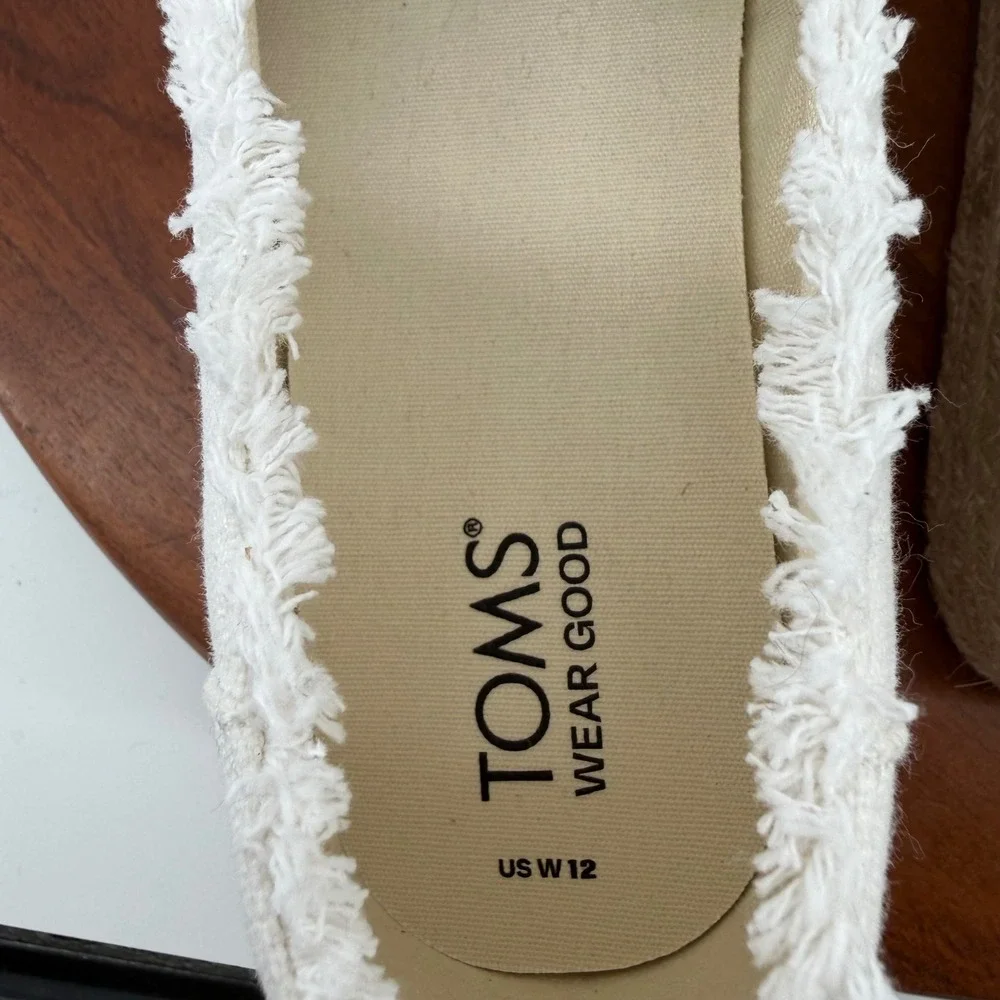 TOMS Valencia Platform Espadrille White Canvas Frayed Slip On Women Size 12